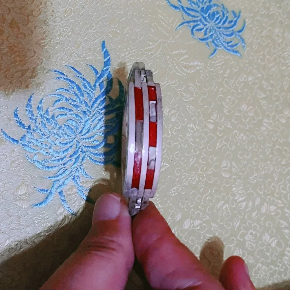 Sterling Silver Mother of Pearl Red Enamel Bangle Bracelet - 925 Mexico